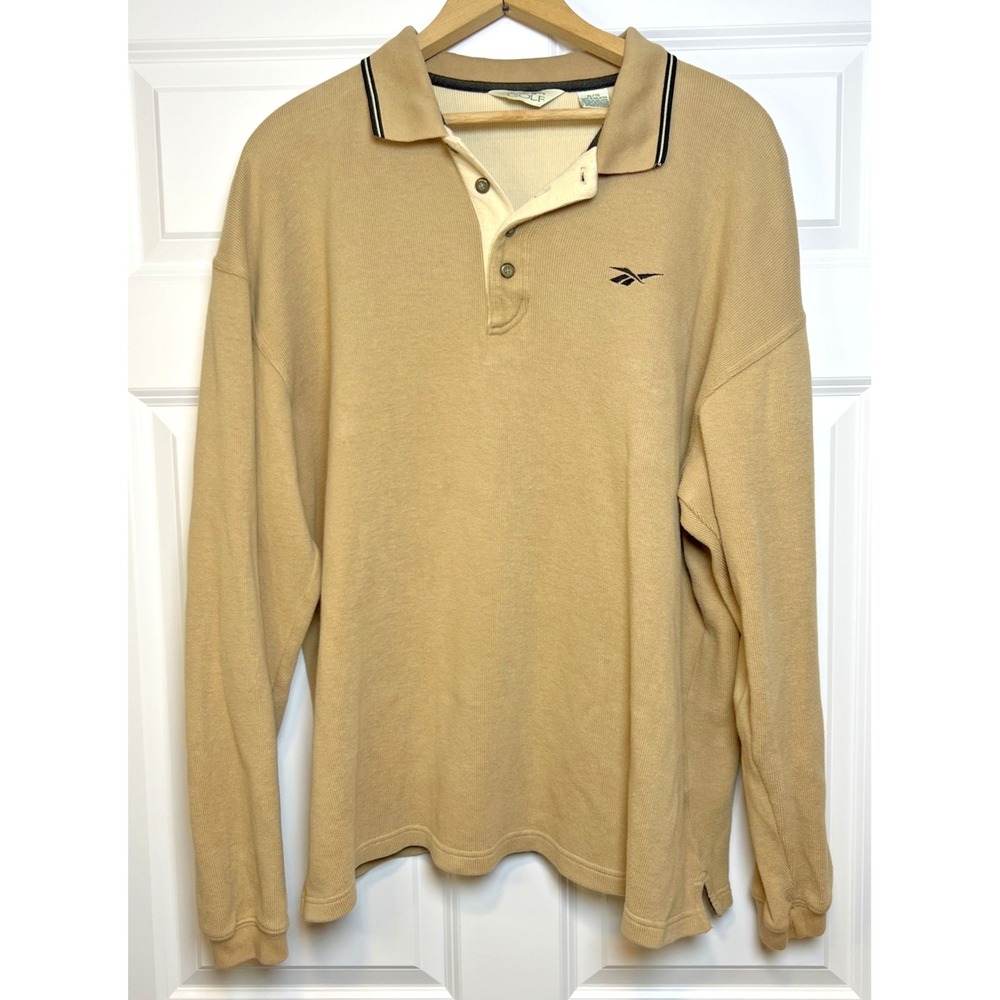 Reebok Golf Henley Sweater Pullover XL Tan Cotton‎ Knit Long Sleeve Blue Accents